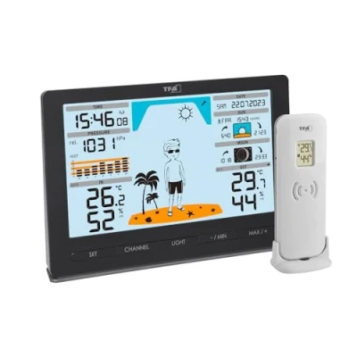 Abbildung von TFA Dostmann Funk Wetterstation METEO JACK, 35.1097.01, mit Außensensor, inkl Wettervorhersage Luftdruck, Mondphase, Sonnenaufgang &amp; untergang, Funkuhr, Amazon Exklusiv, schwarz