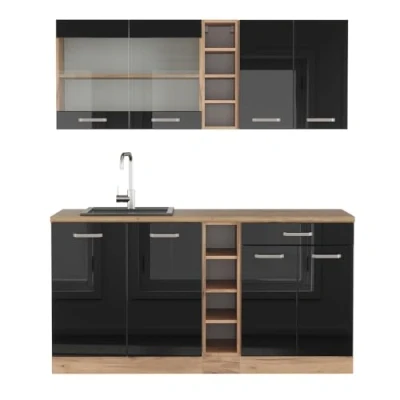 Abbildung von Vicco Singleküche R Line, Schwarz Hochglanz/Goldkraft Eiche, 160 cm, AP Eiche
