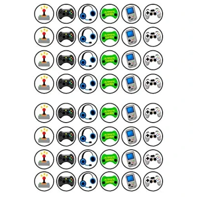 Abbildung von Essbare Cupcake Topper mit Gamer Motiv, 48 Stück, flach / aufstellbar, Waffel Kuchendekorationen