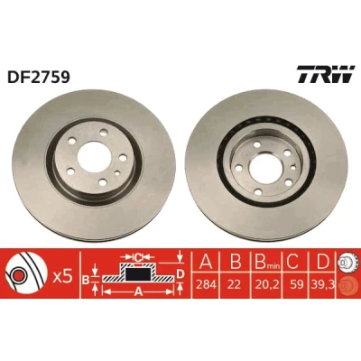 Abbildung von TRW DF2759 Bremsscheibe 284 22 5 98 Belüftet lackiert ALFA ROMEO: Spider, GTV