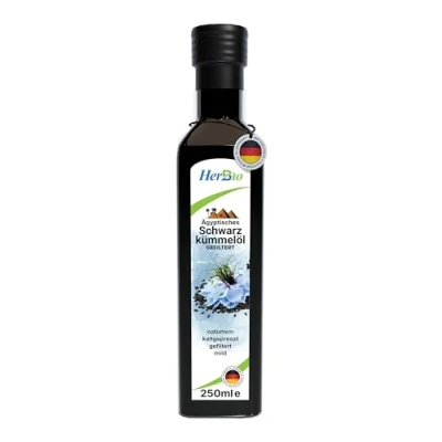 Abbildung von HerbBio ägyptisches Schwarzkümmelöl kaltgepresst gefiltert 250ml, schonend in Rohkostqualität, 100% naturrein Black seed oil, Frischegarantie: täglich mühlenfrisch direkt vom HerbBio.