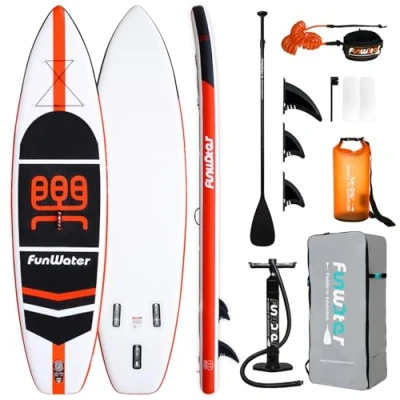 Abbildung von FunWater Aufblasbares Stand Up Paddle Board Surfbrett SUP Komplettes Paddleboard Zubehör Verstellbares Paddel, Pumpe, Reiserucksack, Sicherheitsleine. wasserdichte Handyhülle