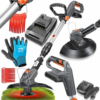 Abbildung von MASKO® Akku Rasentrimmer mit 20 V Li Ion Akku, 2,0 Ah und Ladegerät, Motorsense 260mm Schnittbreite, 180 Trimmwinkel, Teleskop Stiel &amp; Zusatzhandgriff, inkl. Nylonklinge Handschuhe