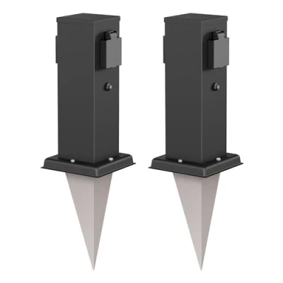 Abbildung von ledscom.de 2 Stück Garten Steckdosen Säule Polly mit Dämmerungssensor und Erdspieß für außen, Fach, Edelstahl, eckig, schwarz, 27cm