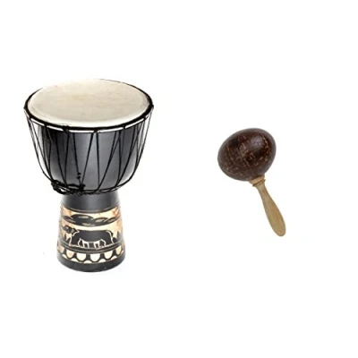 Abbildung von Große 50cm Djembe Holz Trommel Bongo Ziegenfell Elefant Schwarz + Kokos Rassel Maraca R2