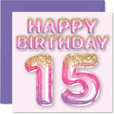 Abbildung von Stuff4 Geburtstagskarte zum 15. Geburtstag für Mädchen rosa und lila Glitzerballons Happy Karten 15 Jahre altes Tochter Schwester Enkelin Cousin, 145 mm x Grußkarten Geschenk