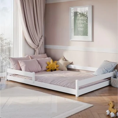 Abbildung von Kids Collective Kinderbett Bodenbett 140x200 cm mit Rausfallschutz &amp; Lattenrost Montessori Bett Bed Gitterbett Kinder Jugendbett Einzelbett optional Matratze weiß
