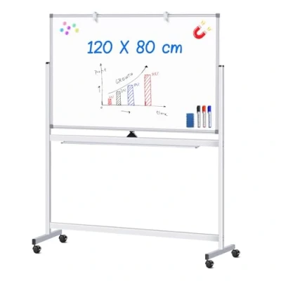 Abbildung von maxtek Mobiles Whiteboard, 120 x 80 cm Doppelseitiges Whiteboard mit Ständer, Magnetische, Aluminiumrahmen Stifte, Schwämme, Magnete
