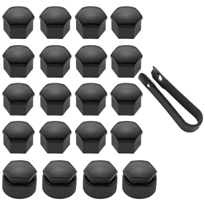 Abbildung von LICQIC Radschrauben Kappen, 17 mm Radmutter Abdeckung, Radbolzen Kappen mit 1 Stück Abziehhaken für Schrauben, 20 Stücke Schwarz (16 Standard Radkappen+4 Anti Diebstahl Rad Schraubabdeckung)