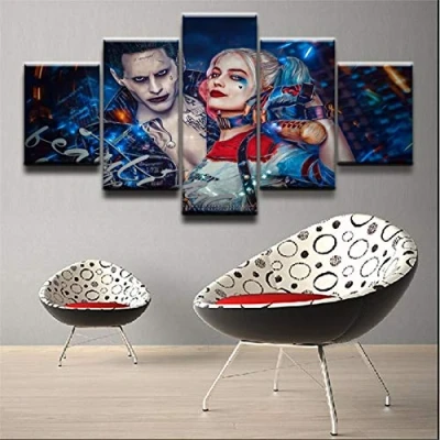 Abbildung von BAIOKAISHUII Wandkunst Drucke 5 Panel Film Selbstmordkommando Harley Quinn Joker Poster Wohnkultur Leinwand Gemälde Bilder für Wohnzimmer Rahmenlos