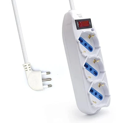 Abbildung von Ewent EW3912 Steckdosenleiste 3 italienische 10/16 A + Schuko, Überlastschutz, Überspannungsschutz, 250 V / 2500 W, Stecker Ita 10 A, weißes Kabel 1,5 m, Energieeffizienzklasse A+
