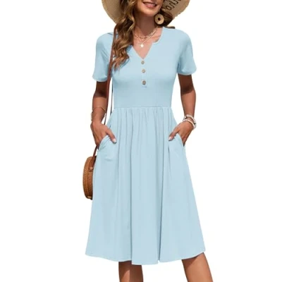Abbildung von AUSELILY Damen Kurzarm Sommerkeider Knielange Sommer Kleider V Ausschnitt mit Knöpfen Empire Midikleid Taschen Himmelblau L