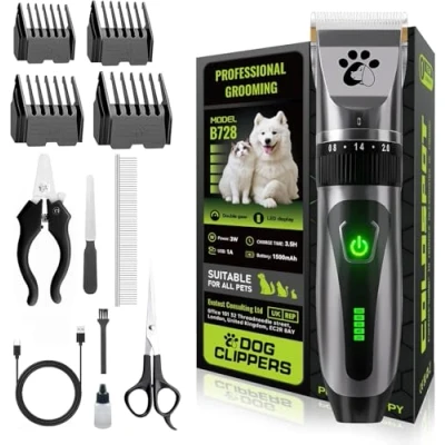 Abbildung von Hundeschermaschine Kabellos, Professionelle Haustierschermaschine, 2 Gang Geräuscharmes Hundepflegeset, Haustier Trimmer für kleine große dicke Haare Hunde Katzen