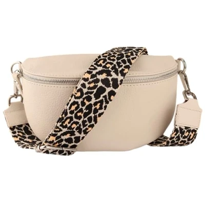 Abbildung von MIRROSI® Bauchtasche Damen, Echtleder, Made in Italy, Umhängetasche, Brusttasche, Crossbody Bag (1 Tasche &amp; 2 Gurte) (Beige (Leo Beige), Große (28x18x9cm))