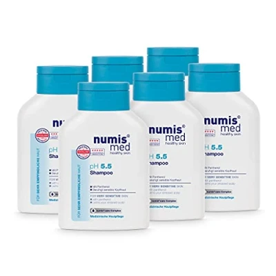 Abbildung von numis med Shampoo ph 5.5 6er Pack Hautberuhigendes Haarshampoo für sehr empfindliche &amp; sensible Haut vegane Haarpflege ohne Silikone, Parabene Mineralöl Haar (6x 200 ml)