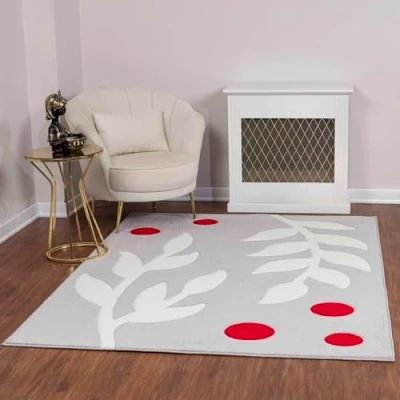 Abbildung von Surya Dijon Wohnzimmer Teppich modern Abstrakt Design in Marmor Optik für Wohnzimmer, Esszimmer, Schlafzimmer groß, weicher Kurzflor 160x213 cm Hellgrau, Rot und Weiß