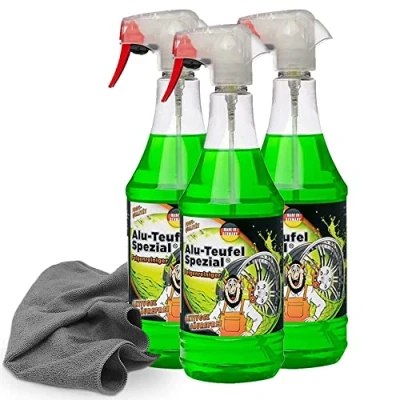 Abbildung von detailzone Felgenreiniger Set: 3X TUGA Alu Teufel Spezial grün 1 Liter + 1x Microfasertuch 40x40 cm grau