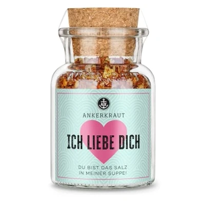 Abbildung von Ankerkraut Ich liebe dich Gewürz, Speisesalz Zubereitung mit Stein Salz, Zitronen Pyramidensalzflocken, geräucherte Jalapeño, Anlass Geschenk zum Valentinstag, 70 g im Korkenglas