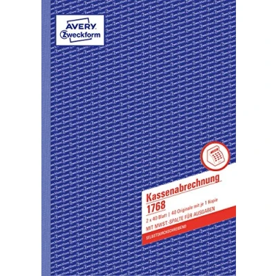 Abbildung von AVERY Zweckform 1768 Kassenabrechnung (A4, 2x40 Blatt, selbstdurchschreibend, MwSt. Spalte für Ausgaben, von Rechtsexperten geprüft, DE/AT, zur ordnungsgemäßen Buchführung) weiß/gelb