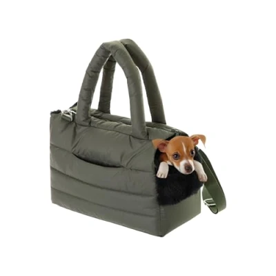 Abbildung von Hundetasche, Welpentasche Tragetasche für kleinen und mittleren Hund, Katze S bis 5 kg, Tasche unterwegs, Hundetrage mit Karabiner, Dog Carrier, Transporttasche, olivgrün