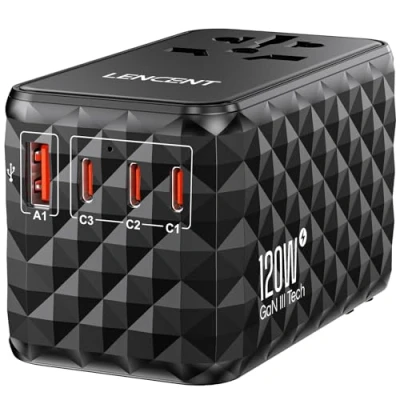Abbildung von LENCENT Universal Reiseadapter 120W Schnellladung, Internationaler Reisestecker Adapter für Typ A/C/G/I(UK,EU,AU,US) Steckdosen, 1 USB A &amp; 3 C PD Schnelles Aufladen Handy, Laptops, Weiß