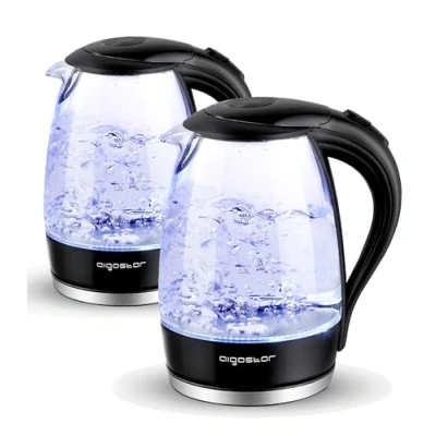 Abbildung von Aigostar Adam Wasserkocher Glas 1,7 Liter, 2200 Watt, LED Beleuchtung, 100% BPA Frei, Verdicktes Borosilikatglas mit Kalkfilter, 360 Edelstahl Sockel, Trockenaufschutz, 2er Packung