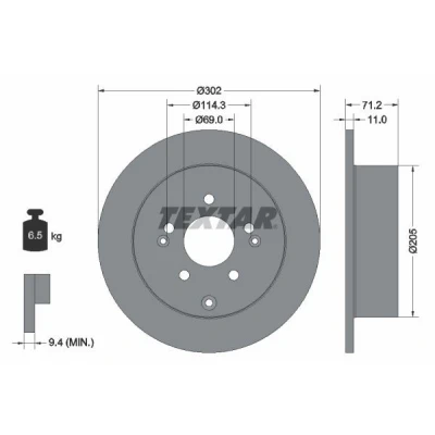 Abbildung von TEXTAR PRO 92166103 Bremsscheibe 302 11 05/08 114,3 voll beschichtet ohne Radbefestigungsbolzen, Radnabe HYUNDAI: Santa Fe 2, I