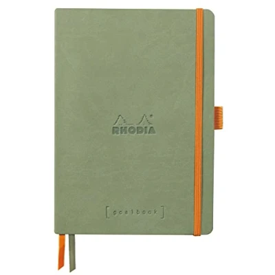 Abbildung von Rhodia 117805C Notizheft Softcover Rhodiarama Goalbook DIN A5 (14,8x21 cm), 120 Blatt, DOT, 2 Lesezeichenbänder, Gummizugverschluss, Cover aus Kunstleder Seladon, 1 Stück, Seladon Grün