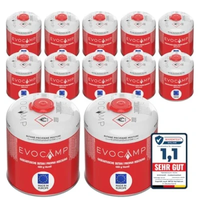 Abbildung von EVOCAMP 12x Propan Butan Gaskartuschen 450g einsetzbar für Weber Grills Q100/1000 Serien, Schraubkartusche Eurogewinde 7/16&quot;, Ventilkartusche 809ml mit Sicherheits Verschlussautomatik