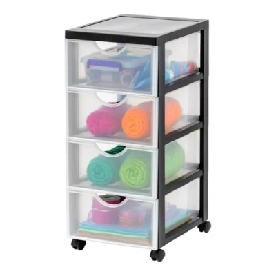 Abbildung von Iris Ohyama Kunststoff Schubladenbox mit Rollen, 4 flachen Schubladen, Schwarz, Griffe zum Ziehen, Für Schlafzimmer, Schule &amp; Büro, BPA frei, Schubladenschrank, Rollcontainer, A4 Drawer, DDDC 004
