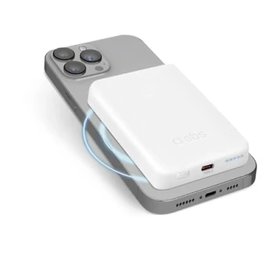 Abbildung von SBS Powerbank Akku Pack 5000 mAh, kompatibel mit MagSafe, kabelloses Laden, USB C Anschluss, Status LED, universell für iPhone, Samsung, Xiaomi, Oppo, weiß