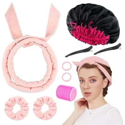 Abbildung von 9 teiliges hitzeloses Lockenwickler Stirnband Set, weiches Velours, hitzefreie Locken, über Nacht, Lockenwickler, keine Hitze für kurzes und langes Haar (Rosa, Stück)