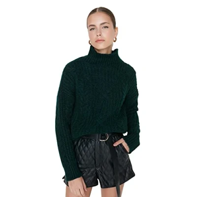 Abbildung von TRENDYOL Damen Plain Choker Jumper, Normal Sweatshirt, Smaragdgrün, M EU