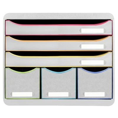 Abbildung von Exacompta 306913D Ablagebox Harlekin Querformat mit 6 Schubladen für DIN A+ Dokumente. Belastbare Schubladenbox hoher Kapazität mehr Platz Store Box Blauer Engel WeißBunt