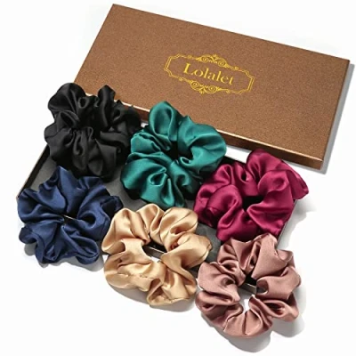 Abbildung von (6 Stück) Lolalet Haargummis Seide Scrunchies Satin für Damen, Haargummi Weich Elastisch Silk Skrunschis Groß Damen Frauen Mädchen 6 Farben Schwarz, Grün, Weinrot, Dunkelblau, Champagner, Bronze