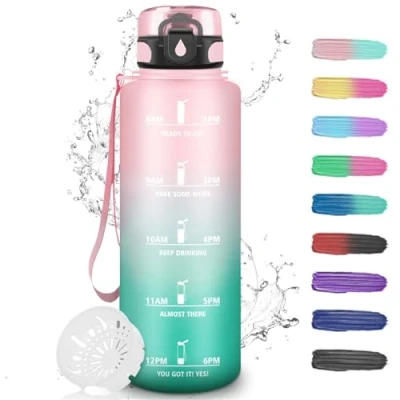 Abbildung von Trinkflasche, Trinkflasche 1.5 Liter, Sport mit Filter, Fitnessstudio Zeitmarkierung, Kann dir tragen, Auslaufsicher, für Camping, Wandern, Rosa Cyan