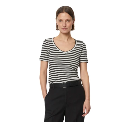 Abbildung von Marc O&#039;Polo Short Sleeve Vneck Striped Tshirt print, Damen, Größe: XS, Multi/ black
