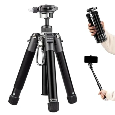 Abbildung von Fotopro FY820 Mini Stativ, 0,7 kg, leichtes Kamerastativ mit 360 Grad Kugelkopf, Telefonhalterung für Selfie, Vlog, maximale Belastung bis zu 3 faltbar, Größe 21,8140 cm, Grau