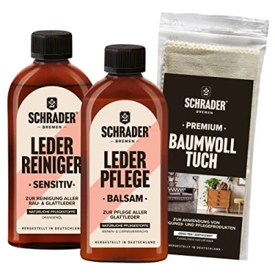 Abbildung von Schrader Lederpflege Set für Ledermöbel &amp; Lederkleidung Lederreiniger (Reiniger, Balsam und Poliertuch Made in Germany)
