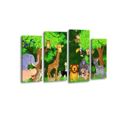 Abbildung von wandmotiv24 Leinwandbild Animals LW66 Wandbild, Bild auf Leinwand, 4 Teile, 180x100cm, Kunstdruck Canvas, XXL Bilder, Keilrahmenbild, fertig aufgespannt, Bild, Holzrahmen, Dschungel, Kinder, Tiere,