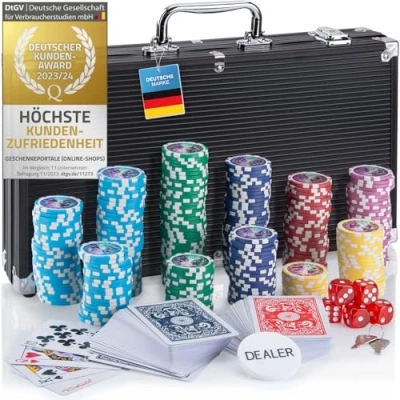 Abbildung von Profi Pokerkoffer Pokerset inkl. 300 500 schwerer 12g Metallkern Poker Chips; Pokerdeck, Pokerkarten, Würfel, Dealer Button; abschließbar Alu Koffer; Casino für Zuhause (Schwarz, Chips)