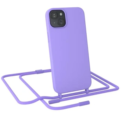 Abbildung von EAZY CASE Handykette kompatibel mit iPhone 15 Plus dünne Handyhülle für Hülle Band als Fallschutz Kette zum Umhängen stoßeste Silikon Mikrofaser in Lila
