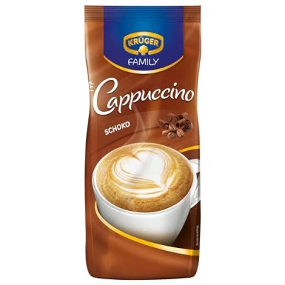 Abbildung von KRÜGER Family Cappuccino Schoko, aromatisiertes Getränkepulver mit löslichem Bohnenkaffee, koffeinhaltig, 500 g Beutel