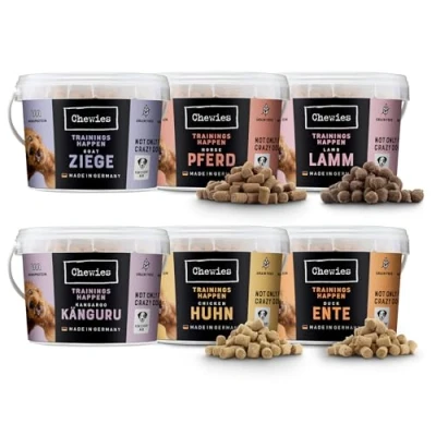 Abbildung von Chewies Trainings Happen Hundeleckerli Mix Probier Paket getreidefrei, Soft und ohne Zucker Monoprotein Hunde Leckerlis im wiederverschließbaren Eimer Made in Germany (6 x 300 g)