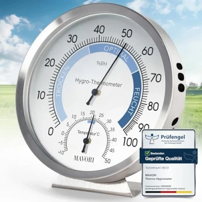 Abbildung von MAVORI Hygrometer mit Thermometer analog aus Edelstahl präzise und stilvoll Ø 12,5cm, batteriefreier Betrieb (Bi Metall)
