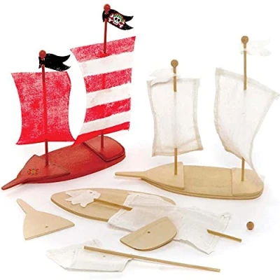 Abbildung von Baker Ross FE274 Piraten Schiff Holz Bastelset 3er Pack, Kleine Bausätze für Kinder zum Basteln, Mittel