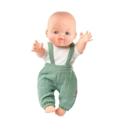 Abbildung von Jungs Babypuppe Paul mit Bio Latzhose, salbeigr&uuml;n, 34 cm