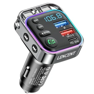 Abbildung von LENCENT Bluetooth FM Transmitter, 5,3, PD 30W &amp; QC3.0 Schnellladegerät, Hi Fi Musik klares Telefonieren, Auto Adapter Transmitter für Radio, Freisprecheinrichtung
