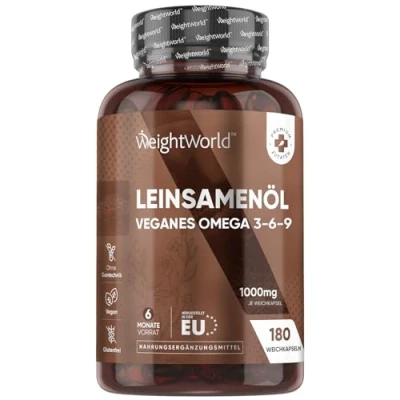 Abbildung von Omega 3 6 9 Weich Kapseln Aus Leinsamenöl 180 Vegan Softgels 1000mg pro Weichkapsel Alternative zu Algenöl Alpha Linolensäure, Linolsäure, Ölsäure Flaxseed oil WeightWorld