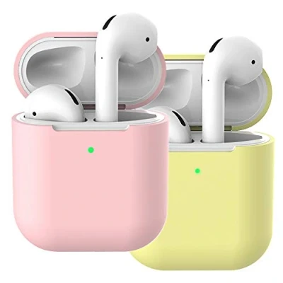 Abbildung von Molylove 2X Silikonhülle Kompatibel mit AirPods 2, Schutzhülle Stoßfest (LED an der Frontseite Sichtbar) (Rosa+Gelb)